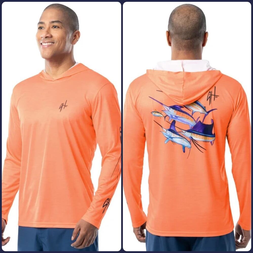Guy Harvey Papaya Punch LS Performance Fishing Hoodie UPF Sun Shirt NEW~NWT